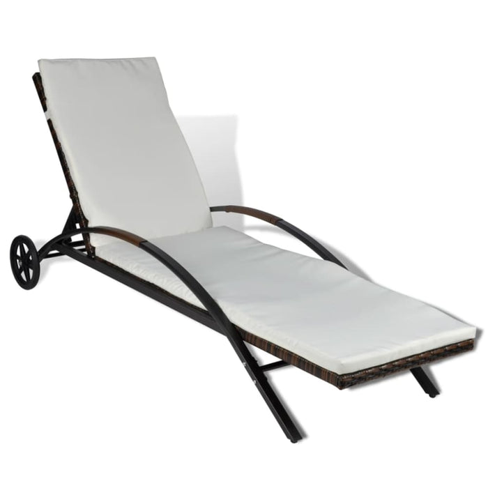 Sun Lounger with Cushion & Wheels Poly Rattan Brown Axann