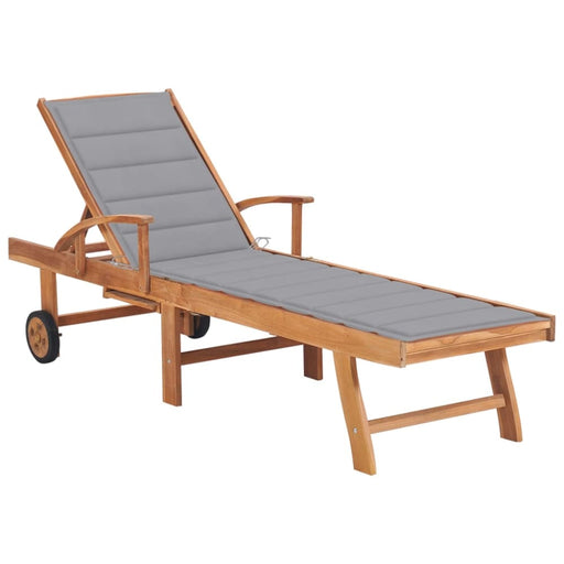 Sun Lounger With Grey Cushion Solid Teak Wood Tbltbbi