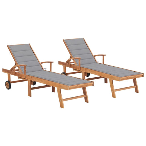Sun Loungers 2 Pcs With Grey Cushion Solid Teak Wood Tbitoni