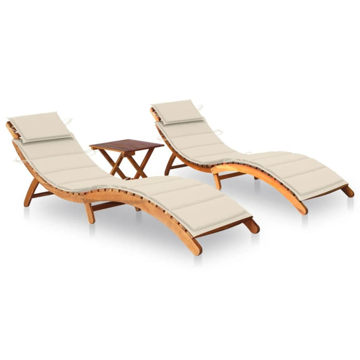 Sun Loungers 2 Pcs With Table And Cushions Solid Wood