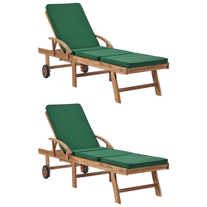 Sun Loungers with Cushions 2 Pcs Solid Teak Wood Green