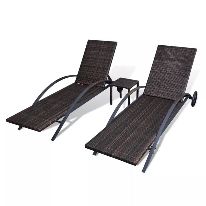 Sun Loungers with Table Poly Rattan Brown Axakb