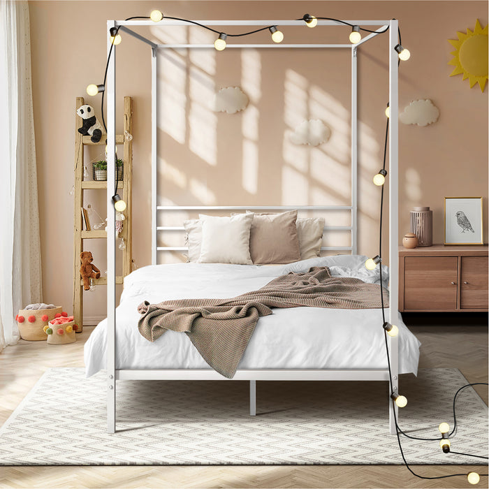 Metal Canopy Bed Frame Single Size Beds Platform White