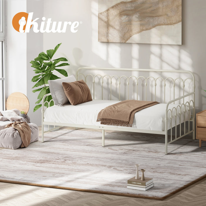 Metal Daybed Frame Single Size Base Sofa Bed Steel Slat Support Beige