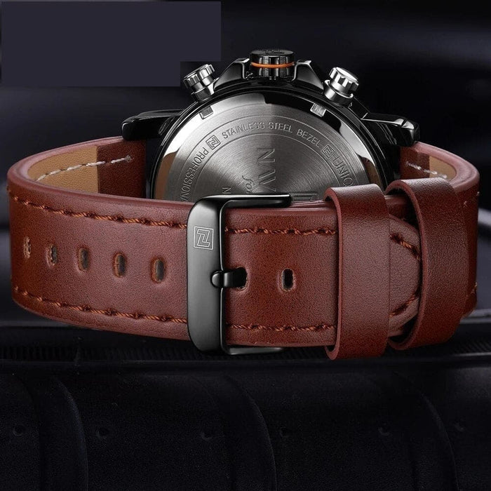 Men’s Pu Band Leather Analog And Digial Display Alarm