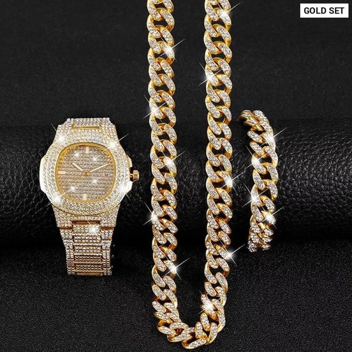 Mens Hip Hop Necklace Bracelet Cuban Chain Gold Color Iced