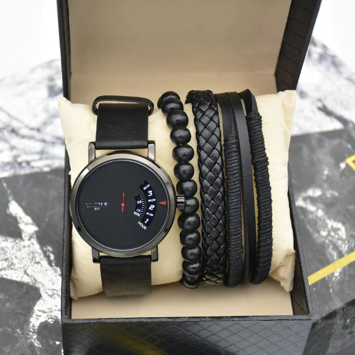 Mens Sports Waterproof Wrist Watch Set With Leather Braided
