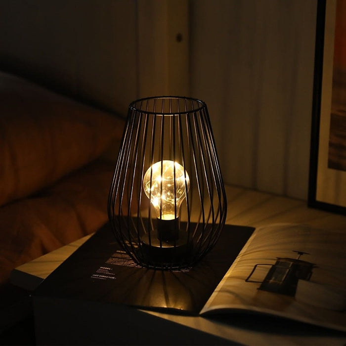 Metal Cordless Battery Operated Cage Shape Lamp with Warm