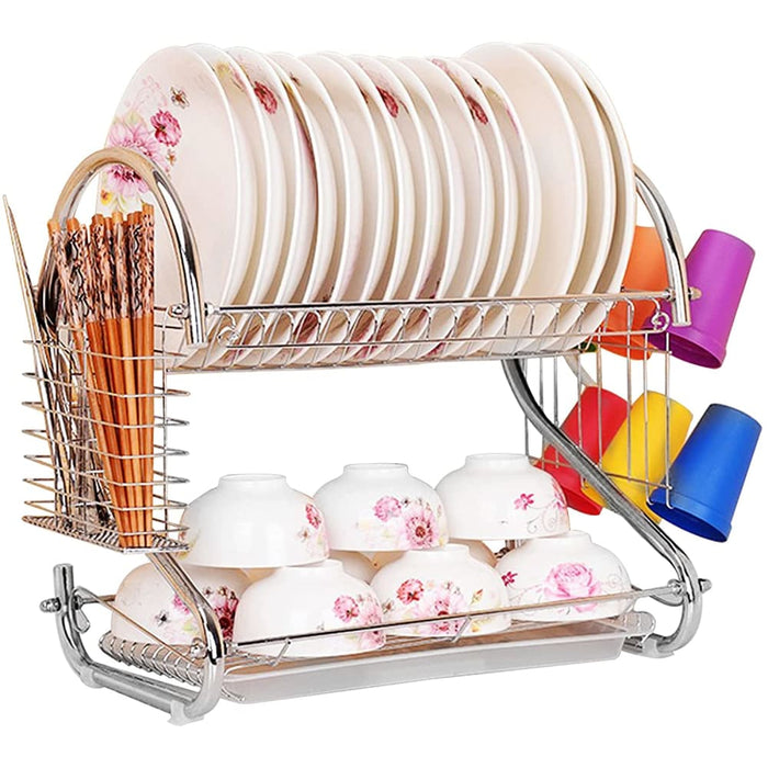 Metal Dish Drying Rack Kitchen - 2 - tier With Drain Board