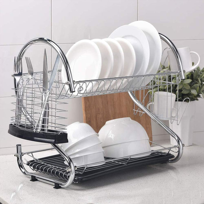 Metal Dish Drying Rack Kitchen - 2 - tier With Drain Board