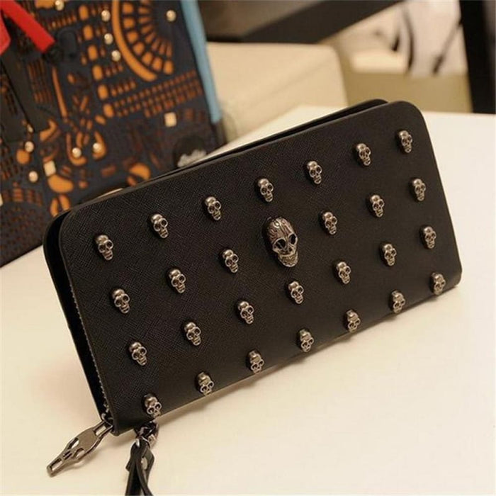 Metal Skull Wallet Card Leather Wristlet Handbags