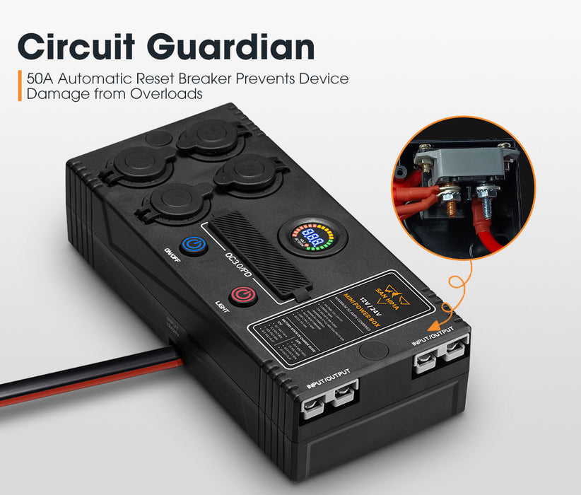 12V / 24V Mini Power Box Portable Control Hub Qc 3.0 Ports W / Led Light