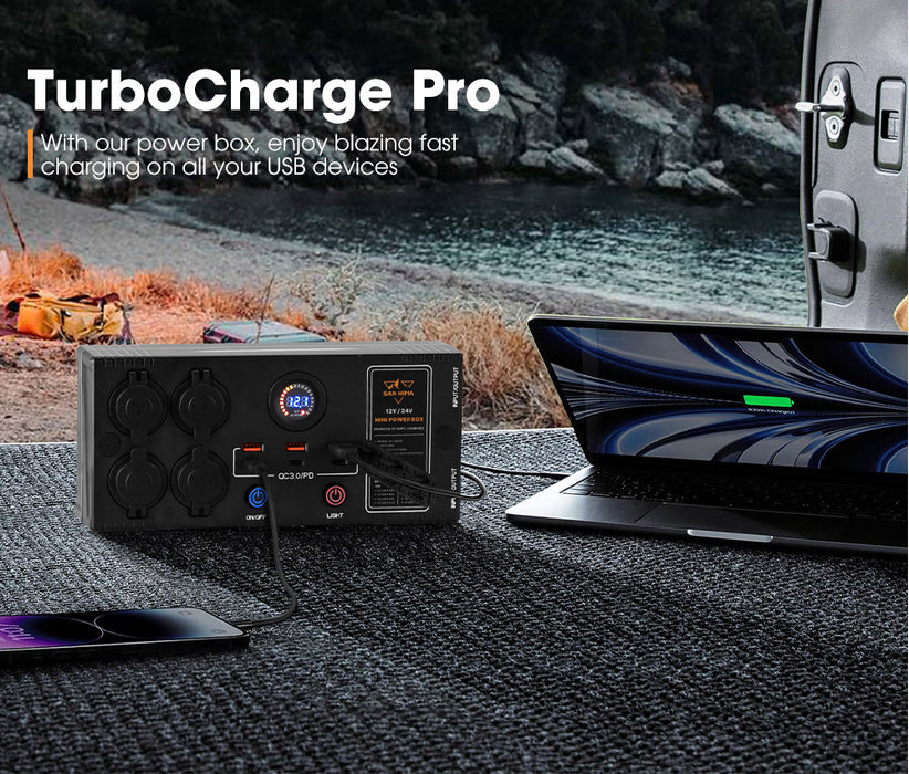 12V / 24V Mini Power Box Portable Control Hub Qc 3.0 Ports W / Led Light