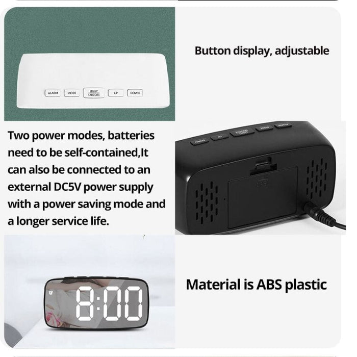 Led Mirror Table Clock Digital Alarm Snooze Display Time