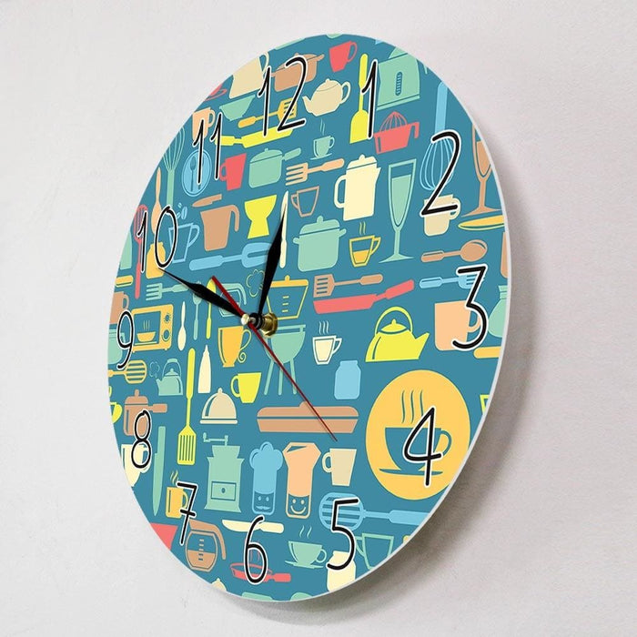 Modern Art Prints Kitchen Wall Clock Utensils Inspired Cook