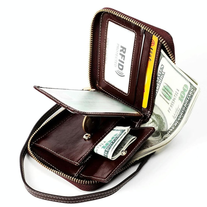 Multi Function Rfid Leather Wallet With Lanyard