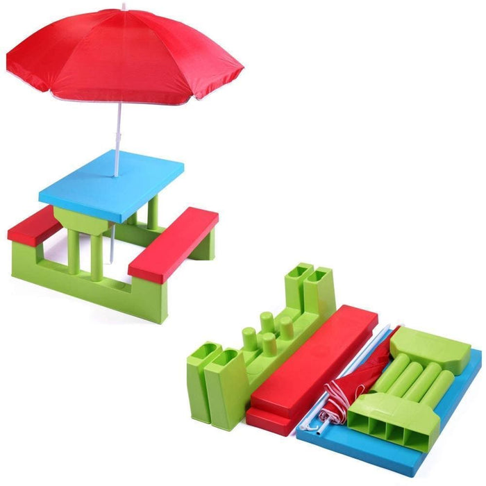Multicolour Plastic Bench Set With Umbrella For Kids