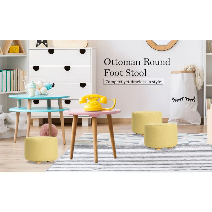 Mustard Yellow Fabric Ottoman Round Wooden Leg Foot Stool