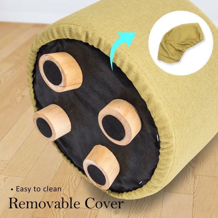 Mustard Yellow Fabric Ottoman Round Wooden Leg Foot Stool