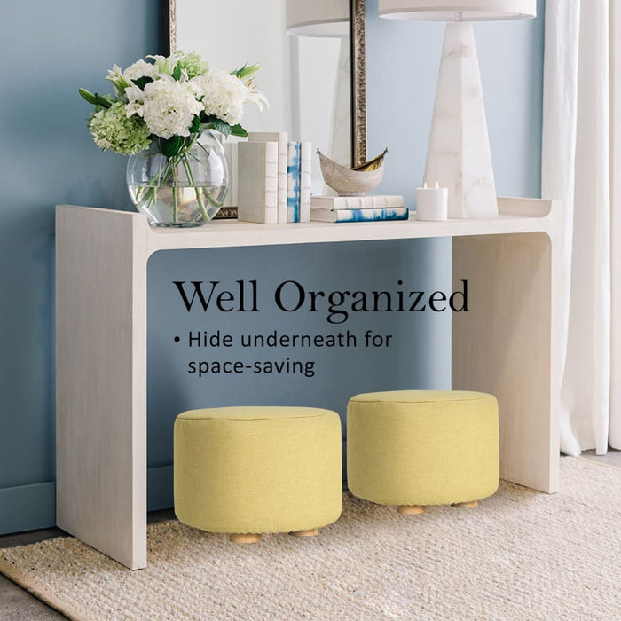 Mustard Yellow Fabric Ottoman Round Wooden Leg Foot Stool