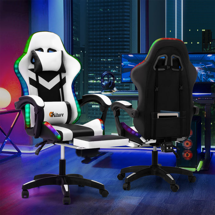 Gaming Chair 7 Rgb Led 8 Points Massage Racing Recliner Office White
