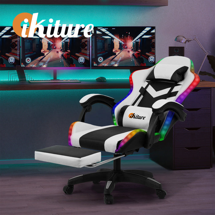 Gaming Chair 7 Rgb Led 8 Points Massage Racing Recliner Office White