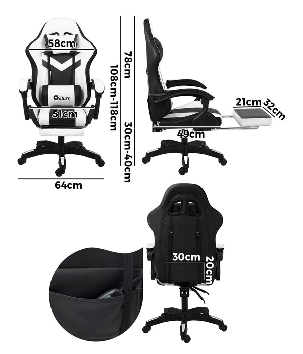 Gaming Chair 7 Rgb Led 8 Points Massage Racing Recliner Office White