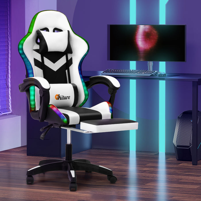 Gaming Chair 7 Rgb Led 8 Points Massage Racing Recliner Office White