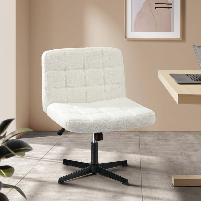 Mid Back Armless Office Desk Chair Wide Seat Boucle White No Wheels
