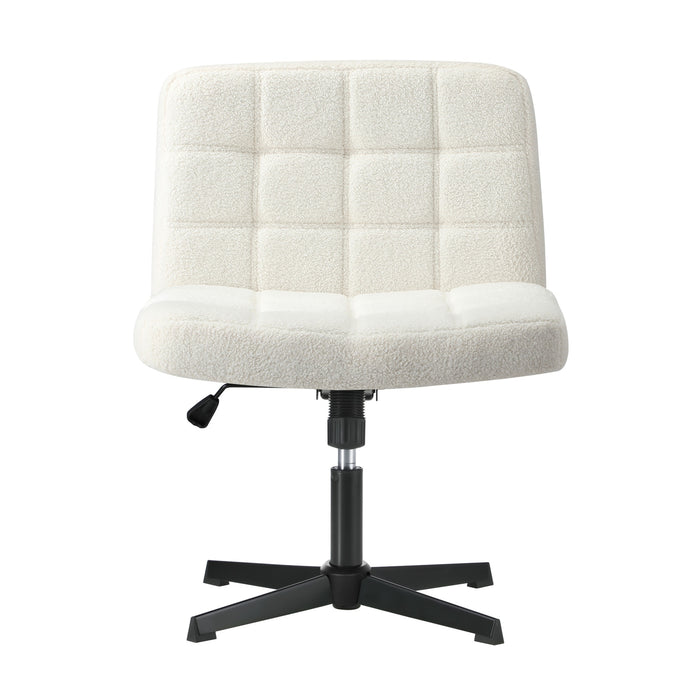 Mid Back Armless Office Desk Chair Wide Seat Boucle White No Wheels