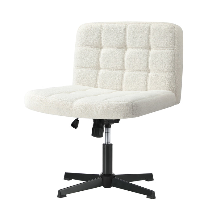 Mid Back Armless Office Desk Chair Wide Seat Boucle White No Wheels