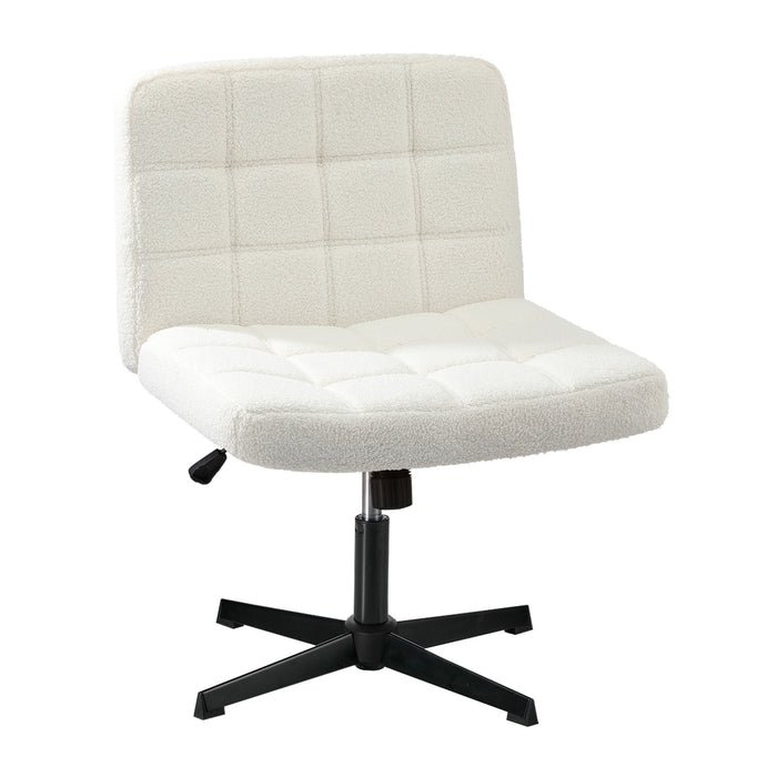 Mid Back Armless Office Desk Chair Wide Seat Boucle White No Wheels