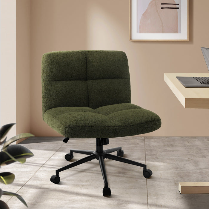 Mid Back Armless Office Desk Chair Wide Seat With Wheels Boucle Green