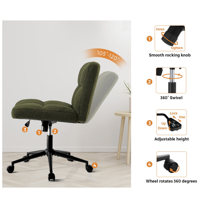 Mid Back Armless Office Desk Chair Wide Seat With Wheels Boucle Green