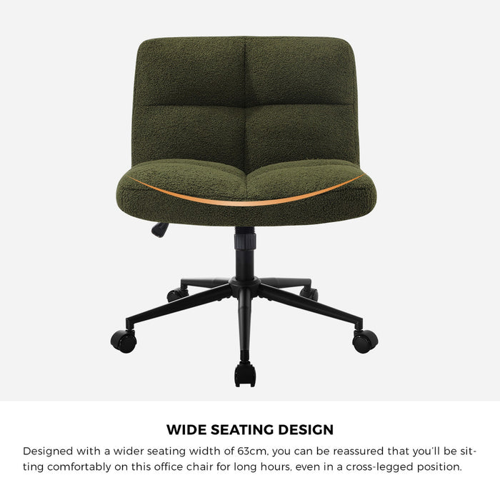Mid Back Armless Office Desk Chair Wide Seat With Wheels Boucle Green