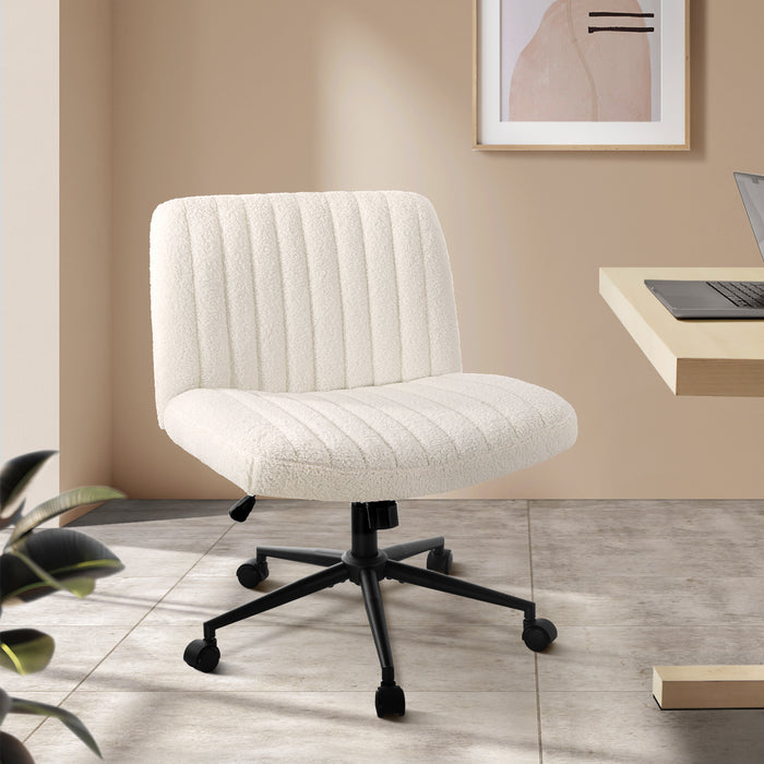 Mid Back Armless Office Desk Chair Wide Seat With Wheels Sherpa White