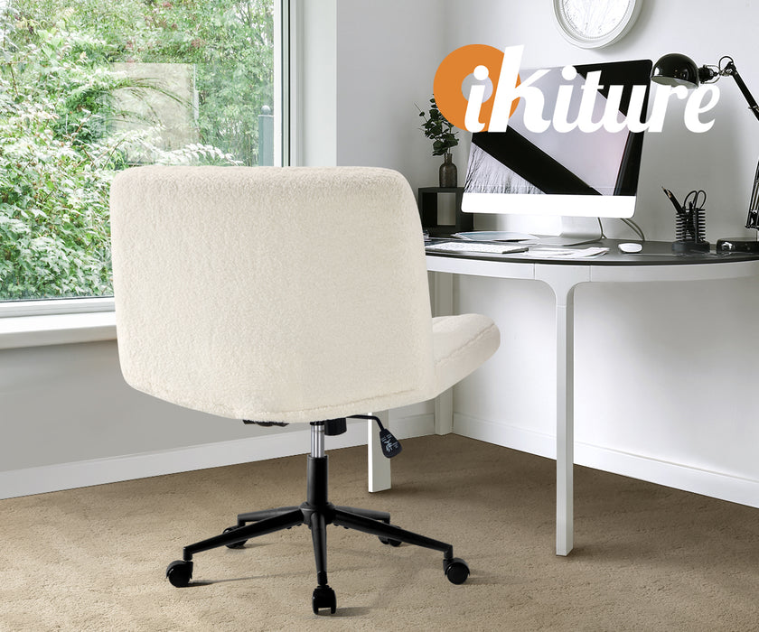 Mid Back Armless Office Desk Chair Wide Seat With Wheels Sherpa White