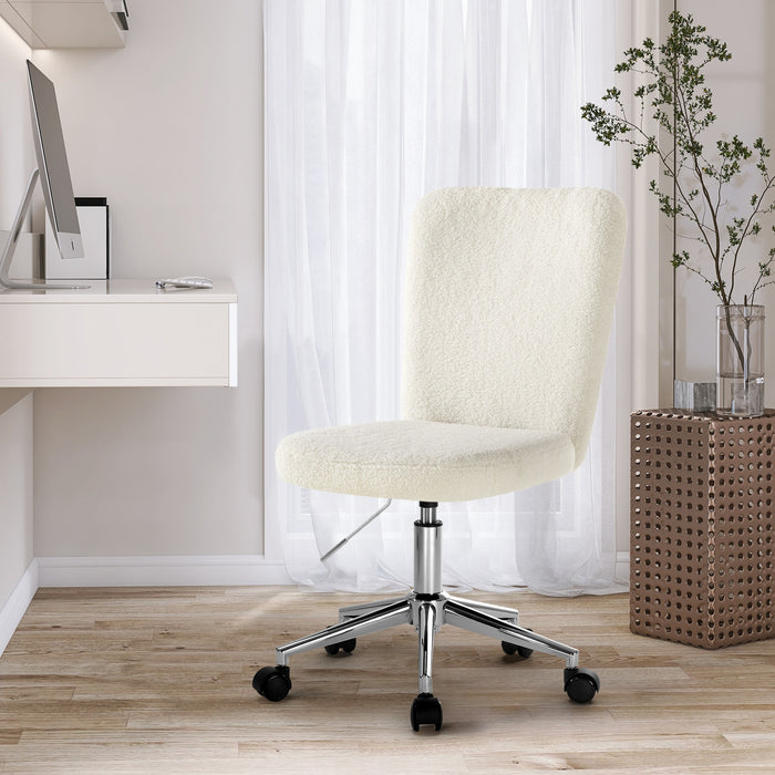 High Back Armless Home Office Chair Boucle White & Silver