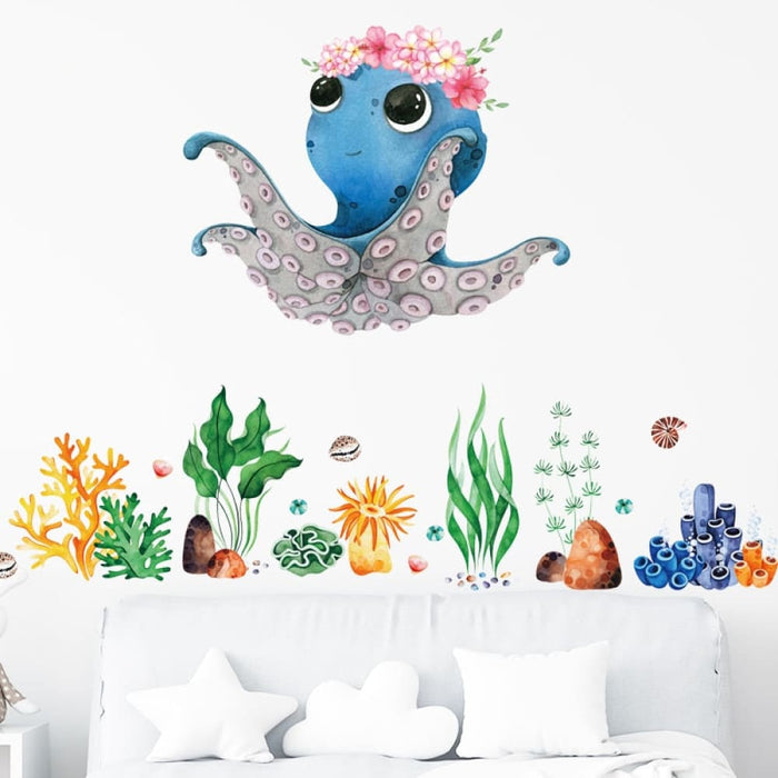 Octopus With Flowers & Underwater Creatures Wall Stickers