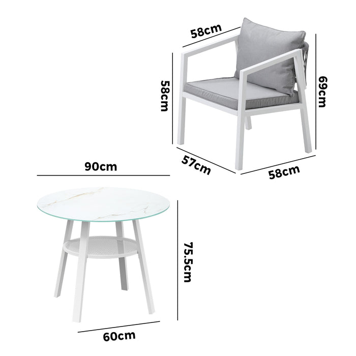 Outdoor Dining Setting Lounge Chair Patio Furniture Bistro Set 3Pcs White