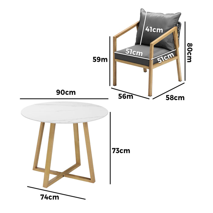 3Pcs Outdoor Dining Setting 90Cm Table Lounge Chairs Patio Furniture Set