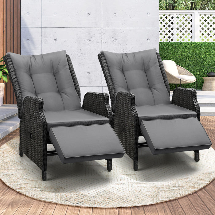 2 Pack Recliner Chairs Outdoor Sun Lounge Wicker Sofa Patio Furniture Setting