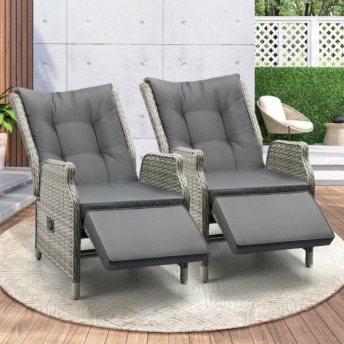 2 Pack Recliner Chairs Outdoor Sun Lounge Wicker Sofa Patio Furniture Setting