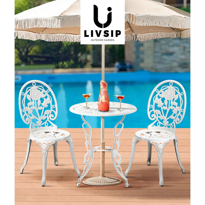 Outdoor Setting 3 Piece Bistro Chairs Table Set Cast Aluminum Patio Rose