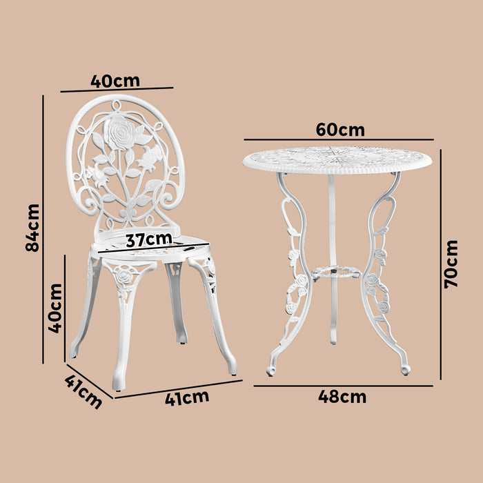 Outdoor Setting 3 Piece Bistro Chairs Table Set Cast Aluminum Patio Rose