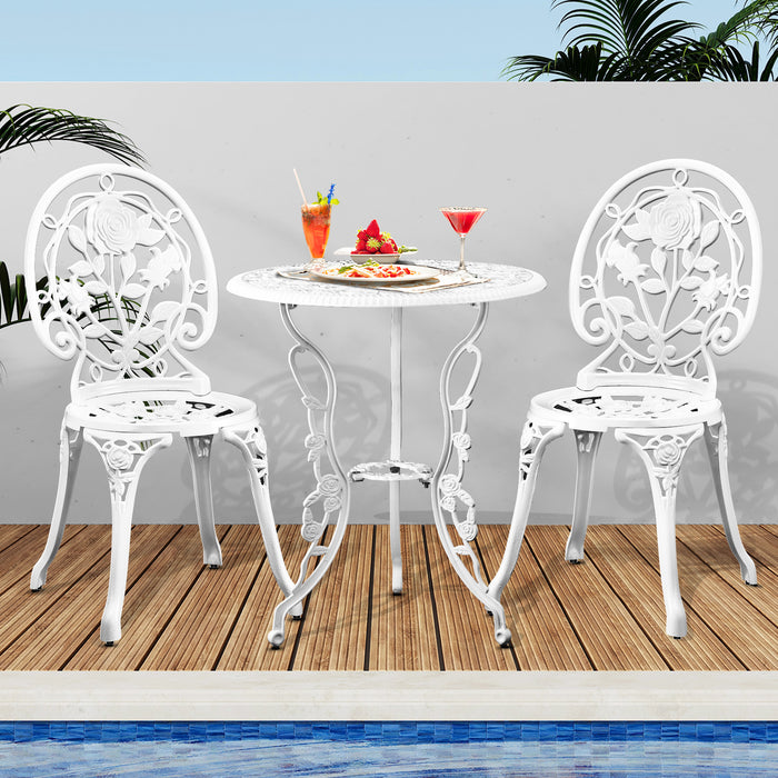 Outdoor Setting 3 Piece Bistro Chairs Table Set Cast Aluminum Patio Rose