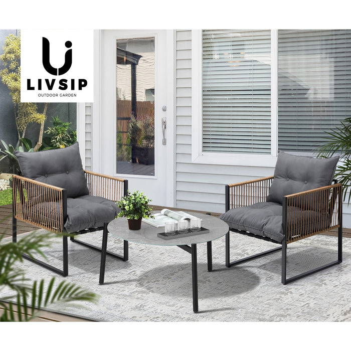 Outdoor Patio Set Furniture Grey 70Cm Coffee Table Rattan Chairs 3Pcs