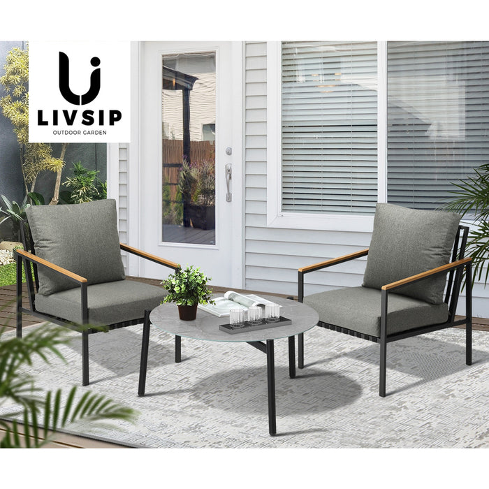 3Pcs Outdoor Patio Lounge Set Furniture Grey 70Cm Coffee Table Sofa Chairs