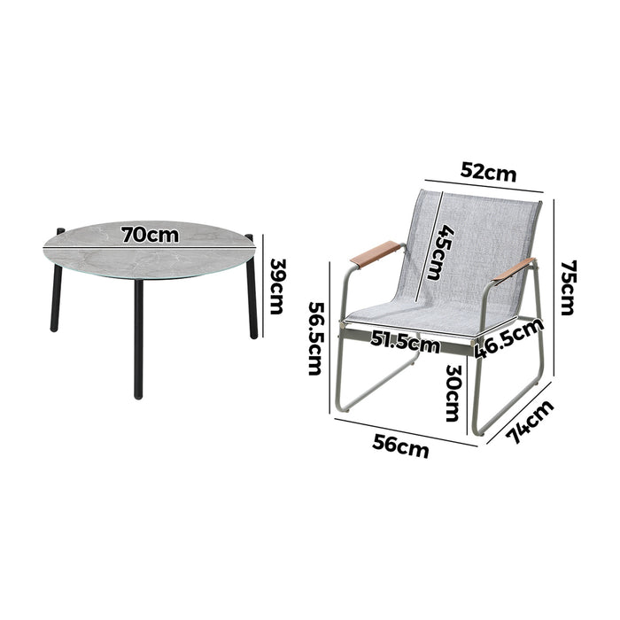 3Pcs Outdoor Bistro Set Patio Chair 70Cm Coffee Table Textilene Furniture