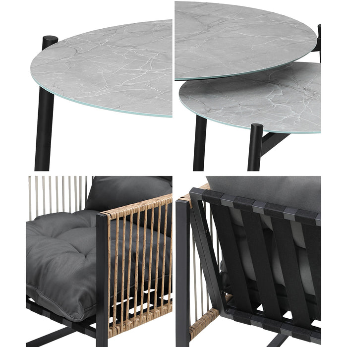 Outdoor Patio Setting Furniture Grey Coffee Table Set Rattan Chairs 6Pcs